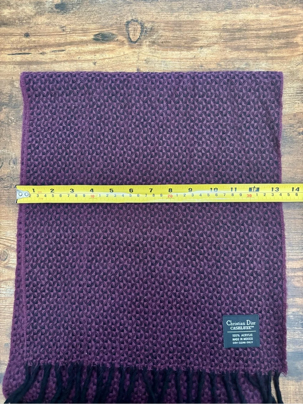 Christian Dior Cashluxe Purple/Black Patterned Textured Fringe Scarf, 13” x 68”